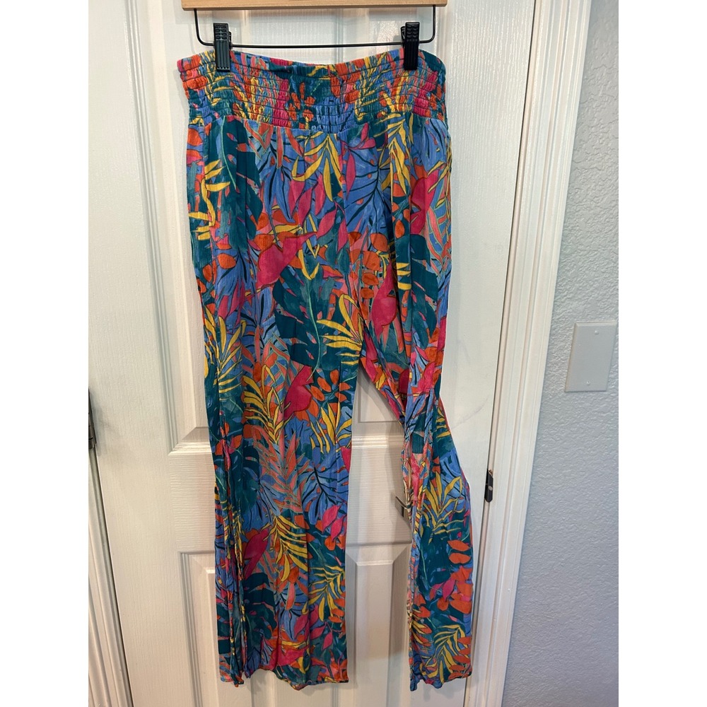 ❤️ Kona Sol Beach Pants Multicolor Tropical Floral Smocked Waist Wide Leg Cover